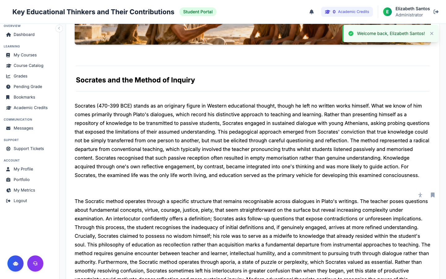 Lesson content showing educational material with Socratic method discussion