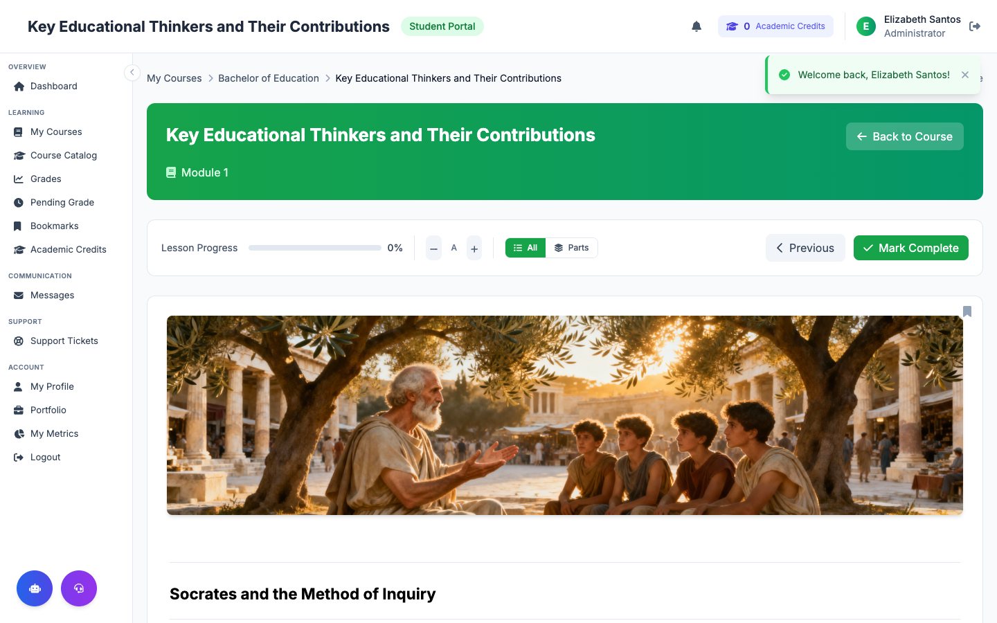 Lesson page showing educational content with AI-generated imagery and speed reading mode