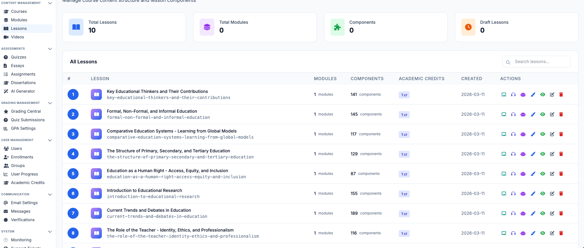 Admin panel showing lesson management with modules, components, and credits