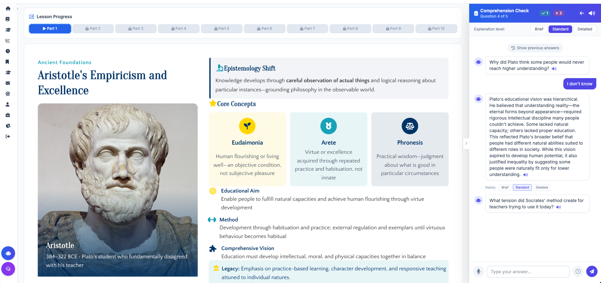 AI comprehension check with Socratic questions, voice answers, and detailed explanations