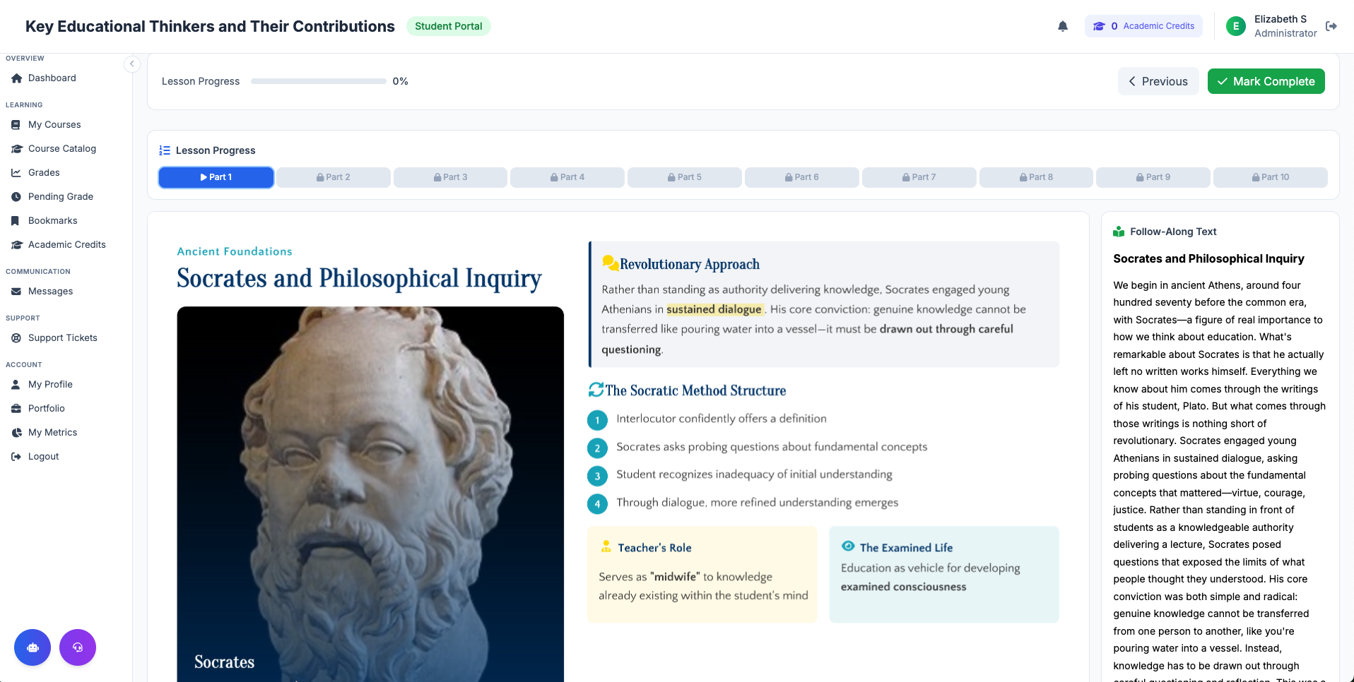 Interactive video mode with lesson parts, follow-along text, and structured content