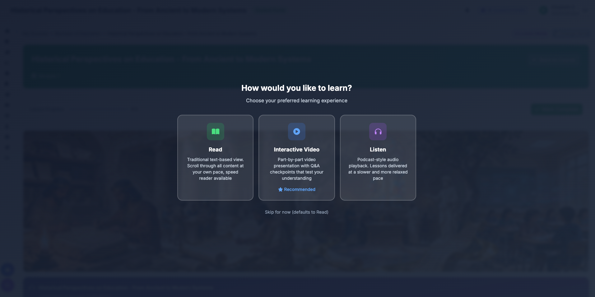 Learning mode selection screen showing Read, Interactive Video, and Listen options