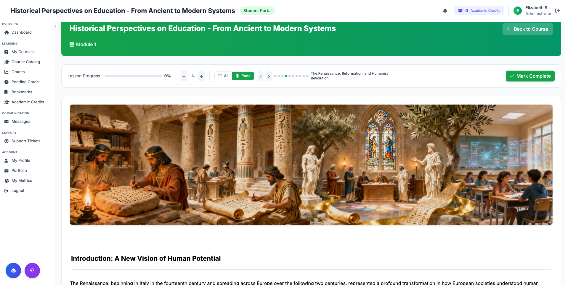 Read mode lesson view with progress tracking, parts navigation, and rich content